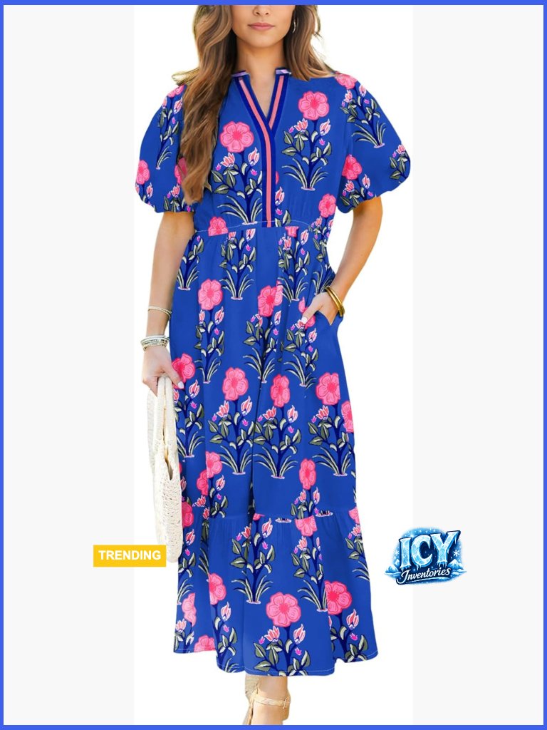Polyester Maxi Dress With Puff Sleeves V Neck High Waist Flowy